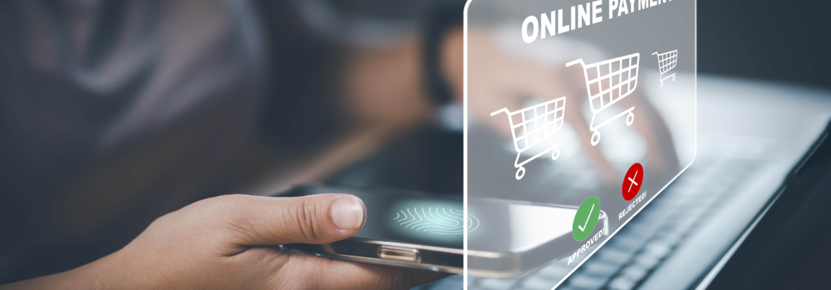 Smartphone with Online payment ,Hand touch banking online bill payment Approved concept button, credit card and network connection icon on business technology virtual screen background