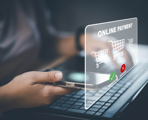 Smartphone with Online payment ,Hand touch banking online bill payment Approved concept button, credit card and network connection icon on business technology virtual screen background