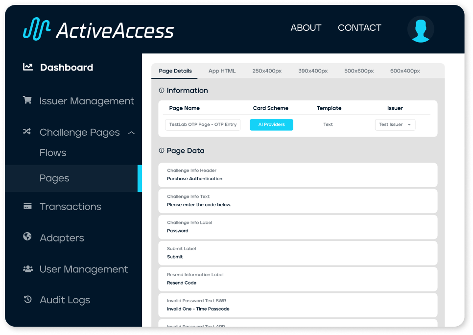 ActiveAccess dashboard interface displaying customizable challenge pages for 3D Secure issuer authentication by GPayments.