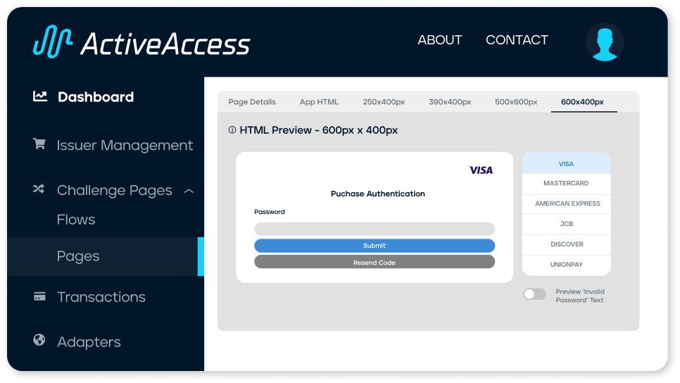 ActiveAccess interface preview showing dynamic linking and payment authentication layout for issuers with Visa, Mastercard and many more.